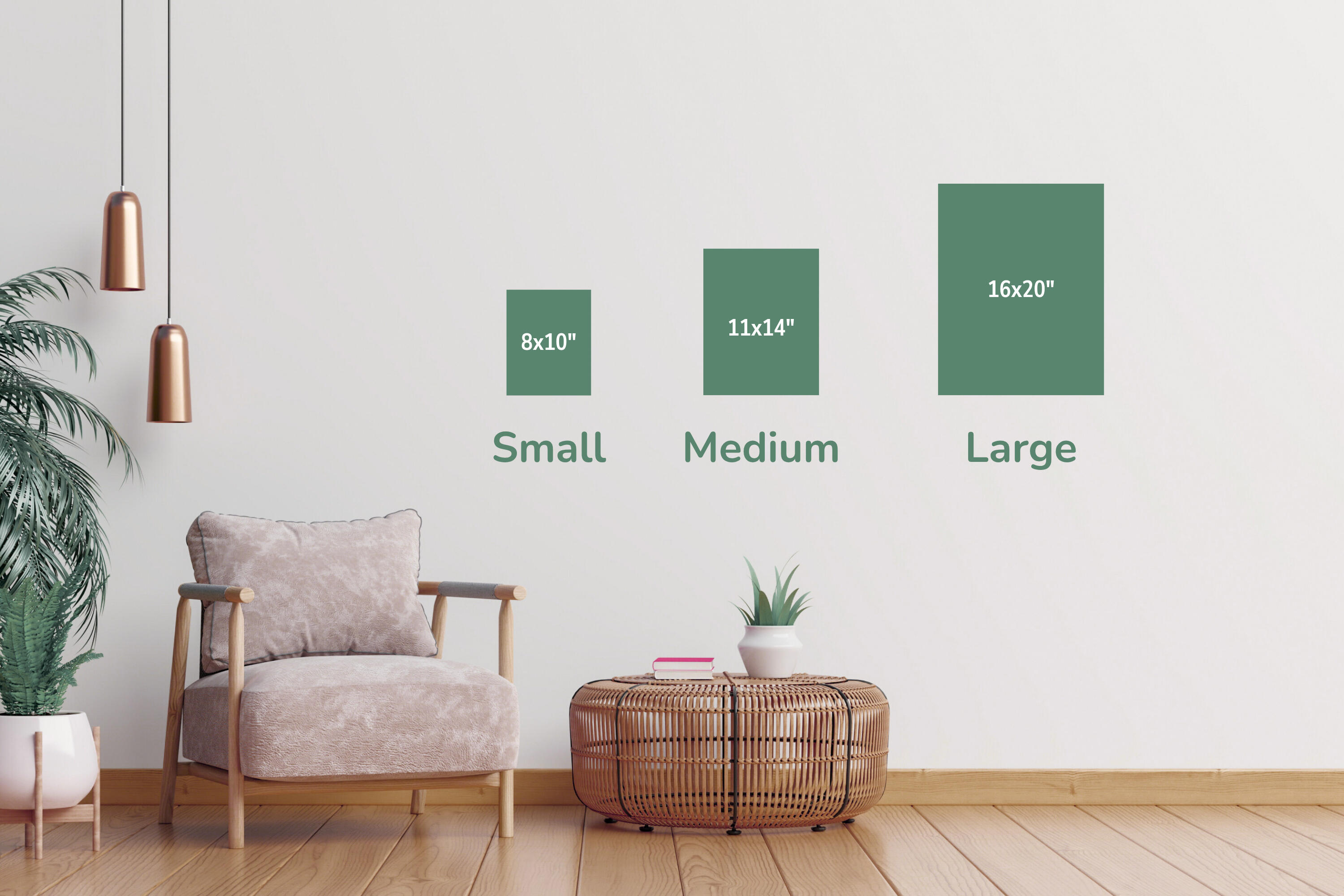 Sizing chart for custom portraits and paintings by Sweetvine, showing sizes small, medium, and large, which correspond to the price of the paintings