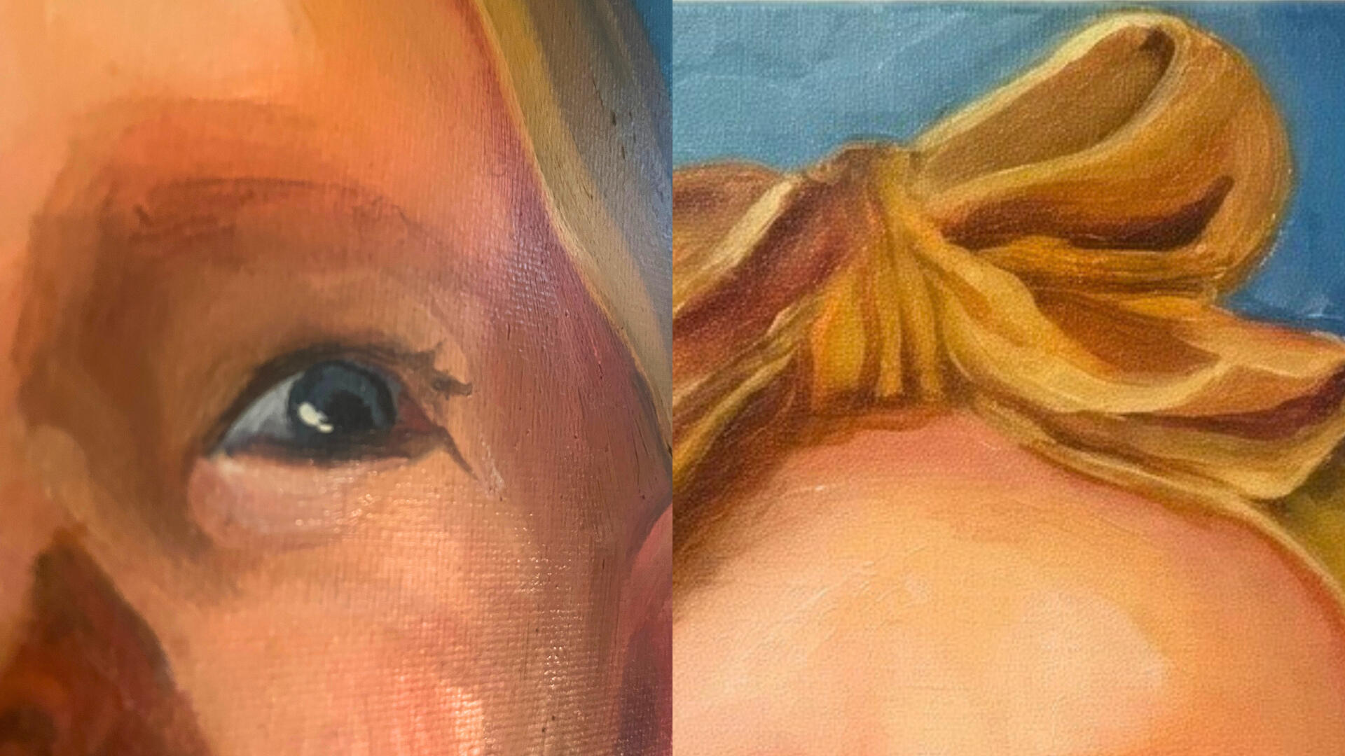 Oil Portrait of a Smiling Baby Close Up Close up detail photo of an oil portrait of a smiling baby girl's eyes and yellow bow, showing canvas texture and fine brushwork