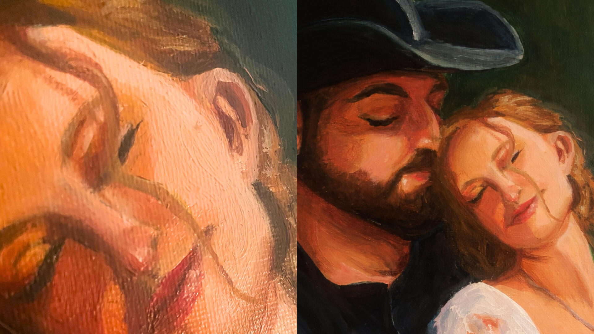 Hand Painted Oil Portrait of Couple from Wedding Photo Detail Close-up detail of a hand-painted oil portrait of a couple with warm lighting, showing brush texture and expressive features