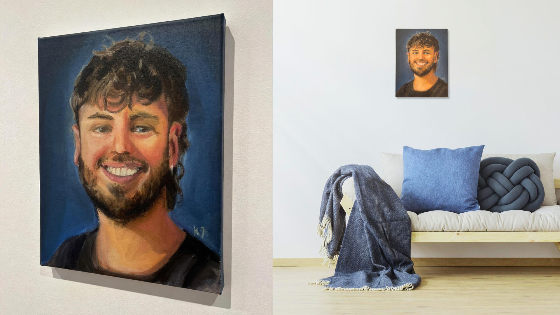 Custom oil portrait painting of a smiling man on canvas, hand-painted from a reference photo with rich color and soft lighting, displayed on wall.