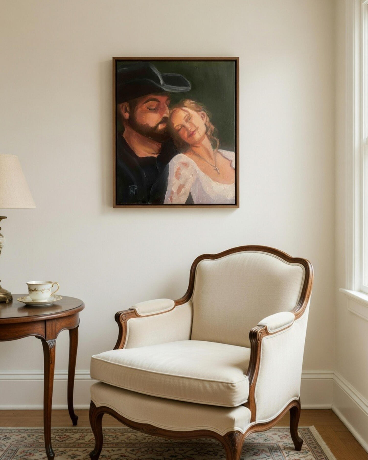 Custom Oil Portrait of Couple Framed Wall Art Framed custom oil portrait of a bride and groom on their wedding day displayed on a wall in a softly lit room, hand-painted from a wedding photo by Sweetvine