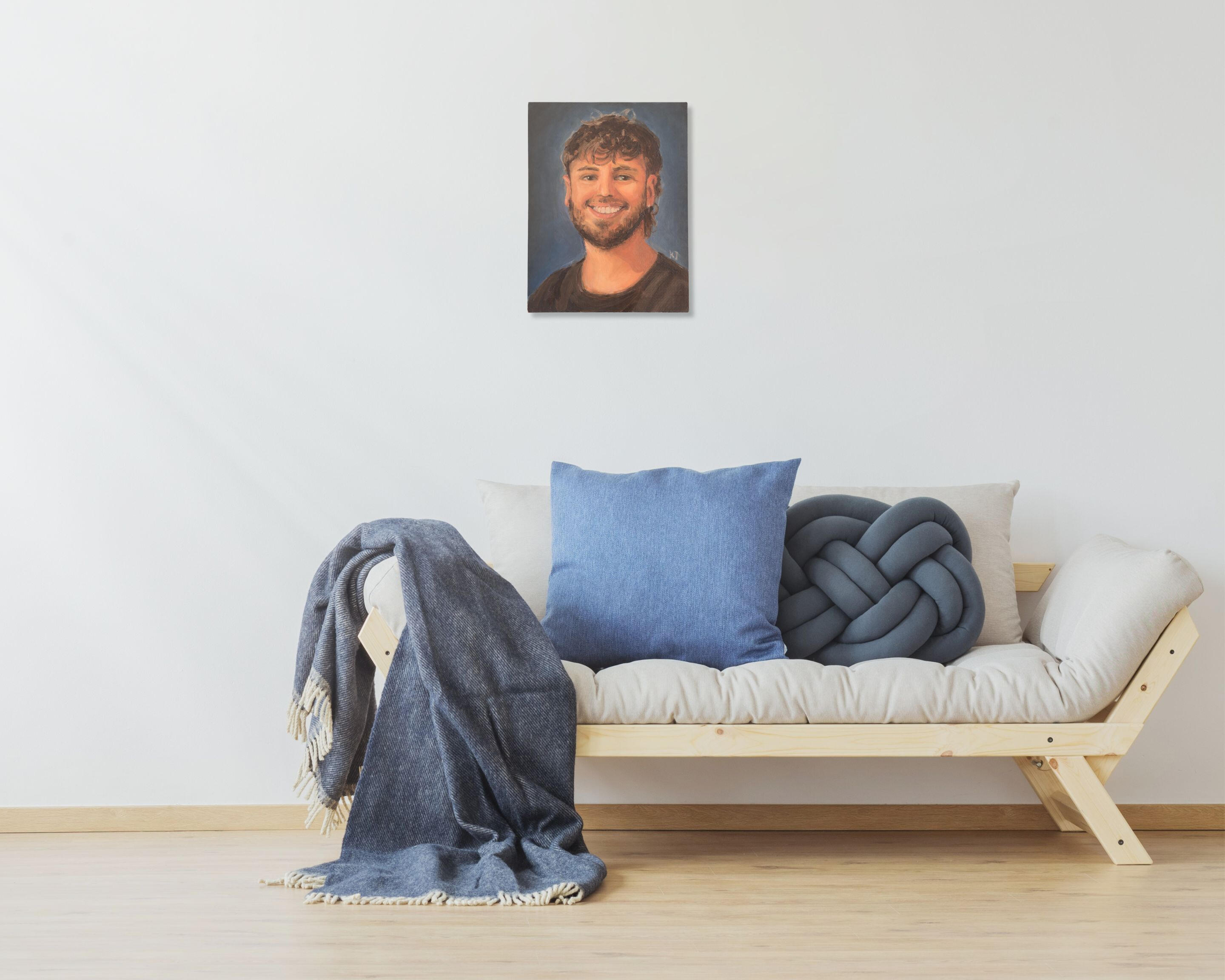 Commissioned portrait painting of a smiling man on canvas, hand-painted from a reference photo with rich color and soft lighting