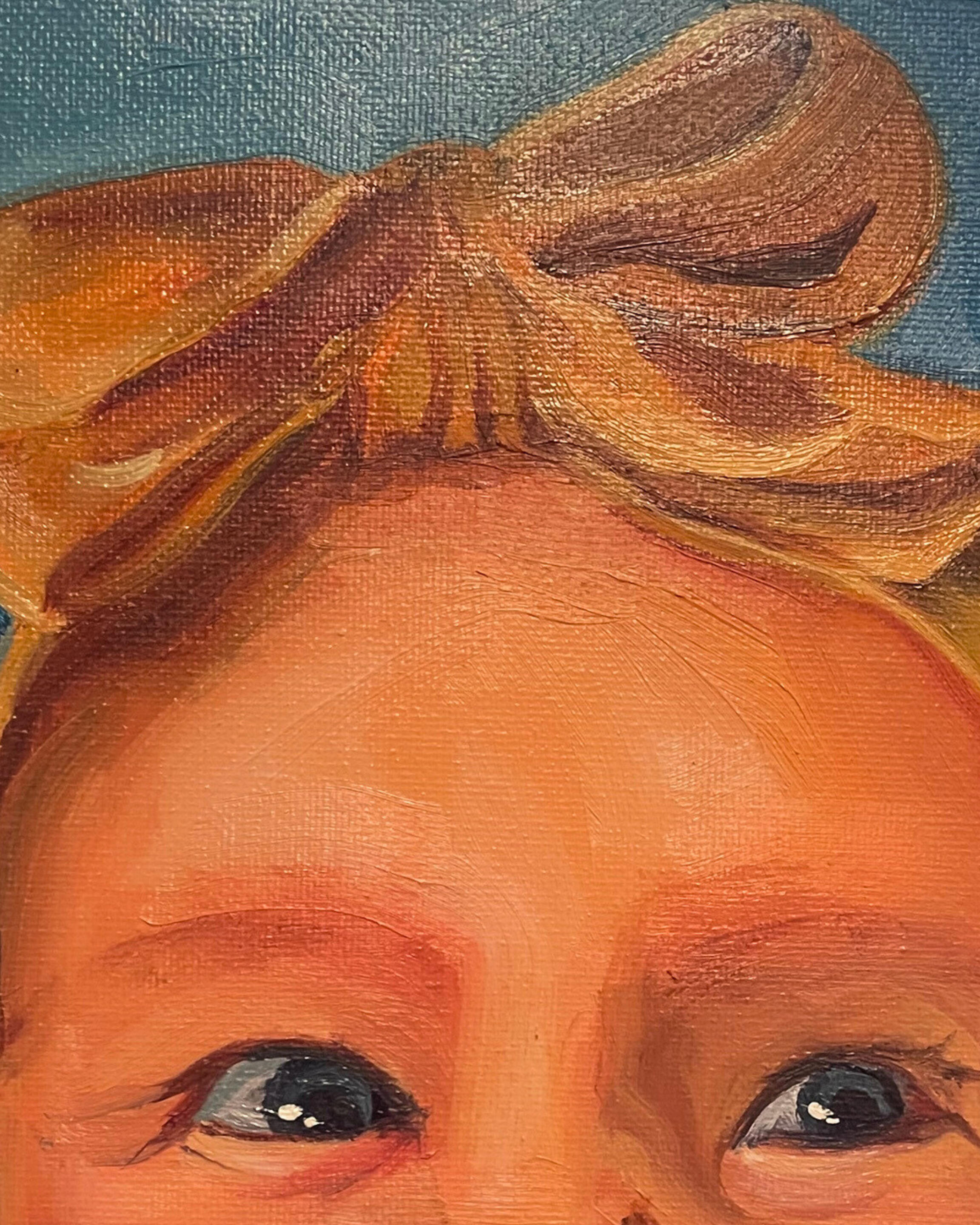 Custom oil portrait painting of a smiling baby on canvas, detail show showing a yellow bow on the child's head