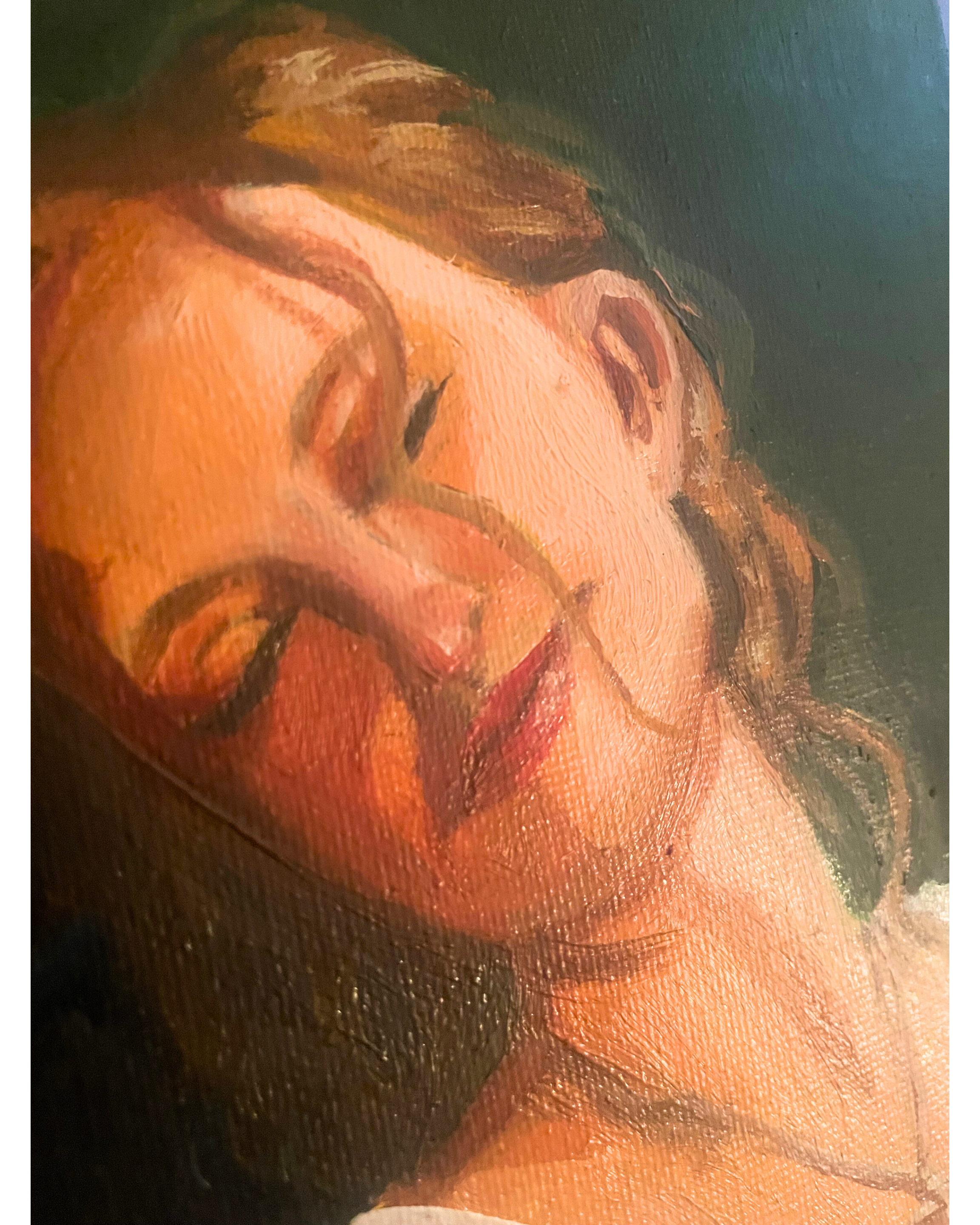 Close up of a Painted Portrait of a Bride Detail shot of a bride's face on her wedding day from a portrait of her and her husband, the groom, done in oil paint